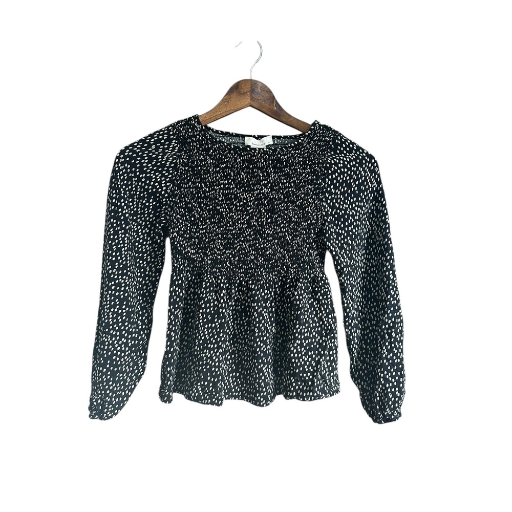 URBAN ROMANTICS Black White Speckled Smocked Peplum Blouse Long Sleeve XS